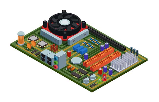 System plate for pc isometric vector illustration with semiconductor elements slots microchips capacitors diodes transistors